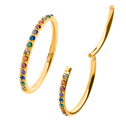 24Kt Gold PVD Titanium with CNC Set Rainbow Eternity CZ Side Facing Hinged Segment Clicker