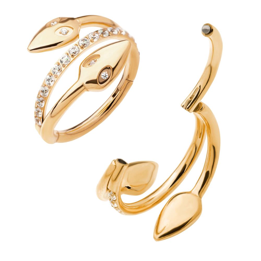 24Kt Gold PVD Titanium Double Ended Twist Side Facing Hinged Segment Clicker with Clear CZ Snake Heads