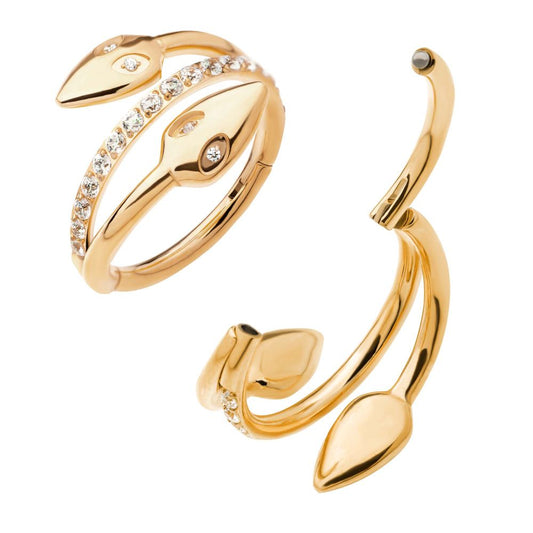 24Kt Gold PVD Titanium Double Ended Twist Side Facing Hinged Segment Clicker with Clear CZ Snake Heads
