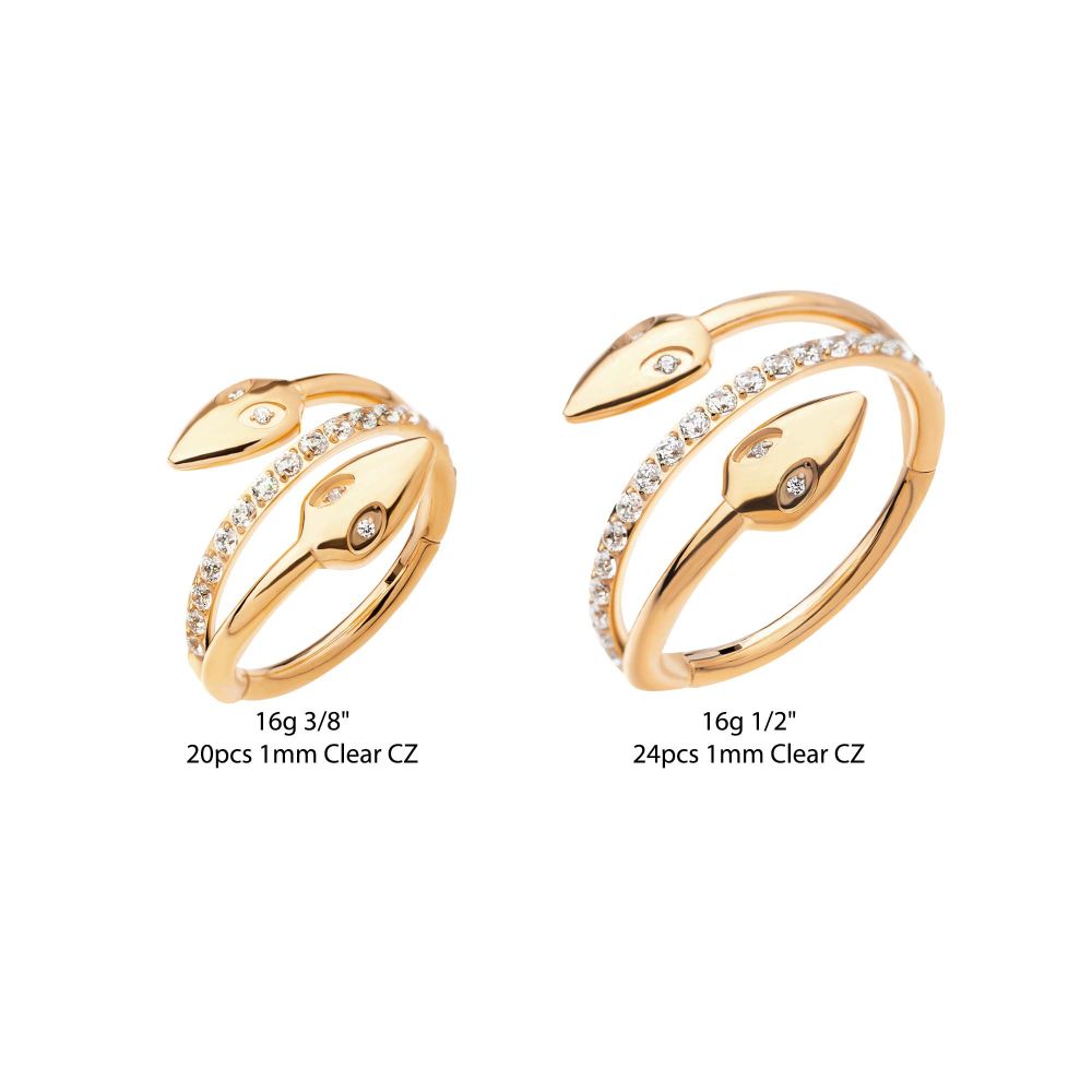 24Kt Gold PVD Titanium Double Ended Twist Side Facing Hinged Segment Clicker with Clear CZ Snake Heads