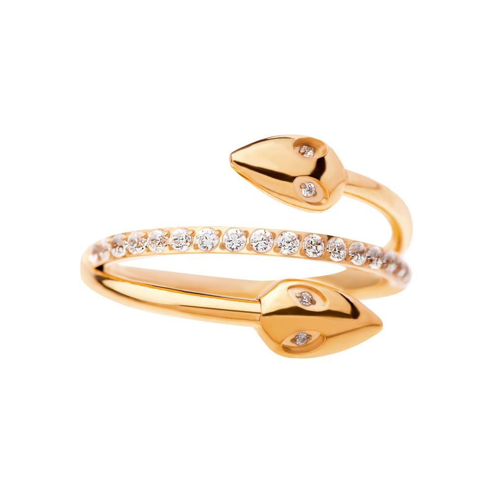 24Kt Gold PVD Titanium Double Ended Twist Side Facing Hinged Segment Clicker with Clear CZ Snake Heads