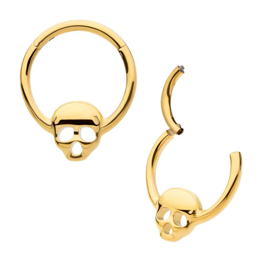 24Kt Gold PVD Titanium with Centered Skull Front Facing Hinged Segment Clicker