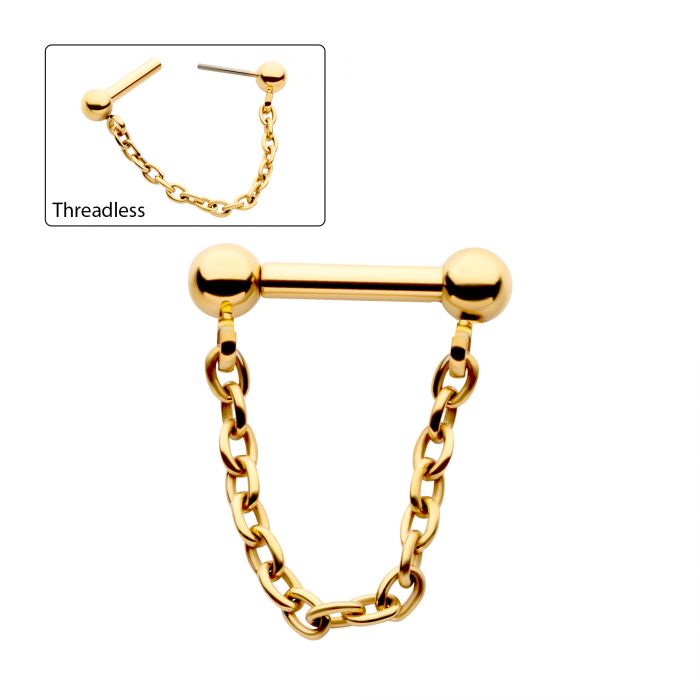 24Kt Gold PVD Titanium Dangle Chain on a One Side Threadless, One Side Fixed Bar with Ball ends