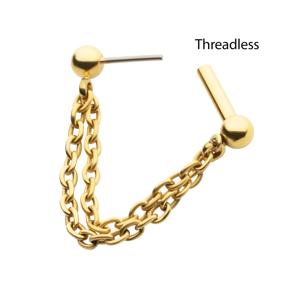24Kt Gold PVD Titanium 2 Tier Chains on a One Side Threadless, One Side Fixed Bar with Ball ends