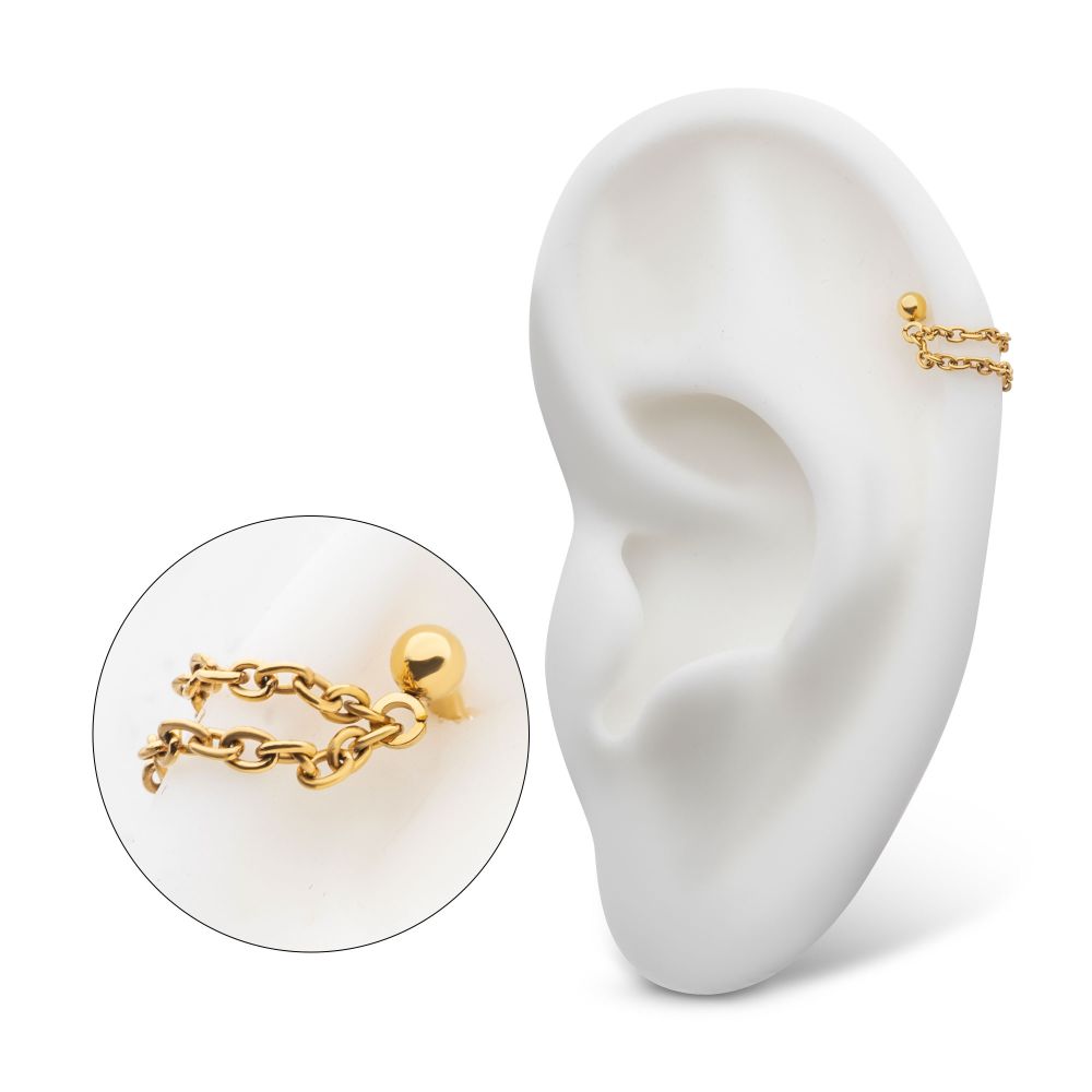 24Kt Gold PVD Titanium 2 Tier Chains on a One Side Threadless, One Side Fixed Bar with Ball ends