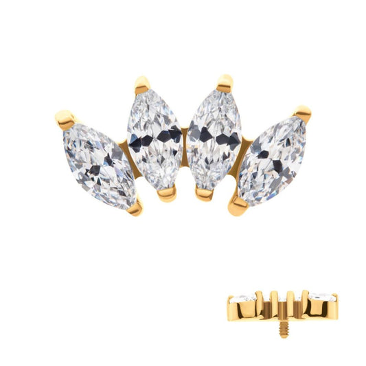 24Kt Gold PVD Titanium Internally Threaded with Prong Set Marquise CZ 4-Cluster Top