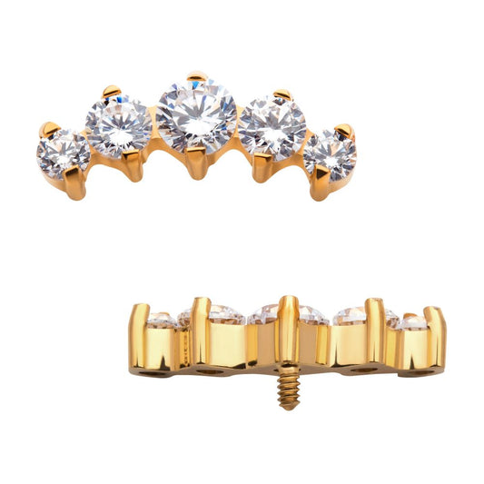 24KT Gold PVD Titanium Internally Threaded with Prong Set Clear CZ 5-Cluster Top