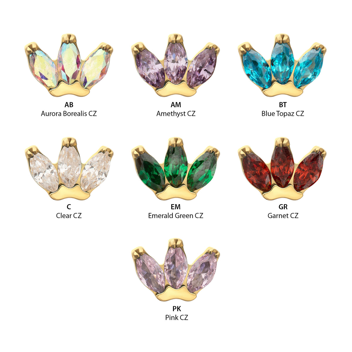 24Kt Gold PVD Titanium Threadless Prong Set 3-Marquise Gem Fan Cluster Top