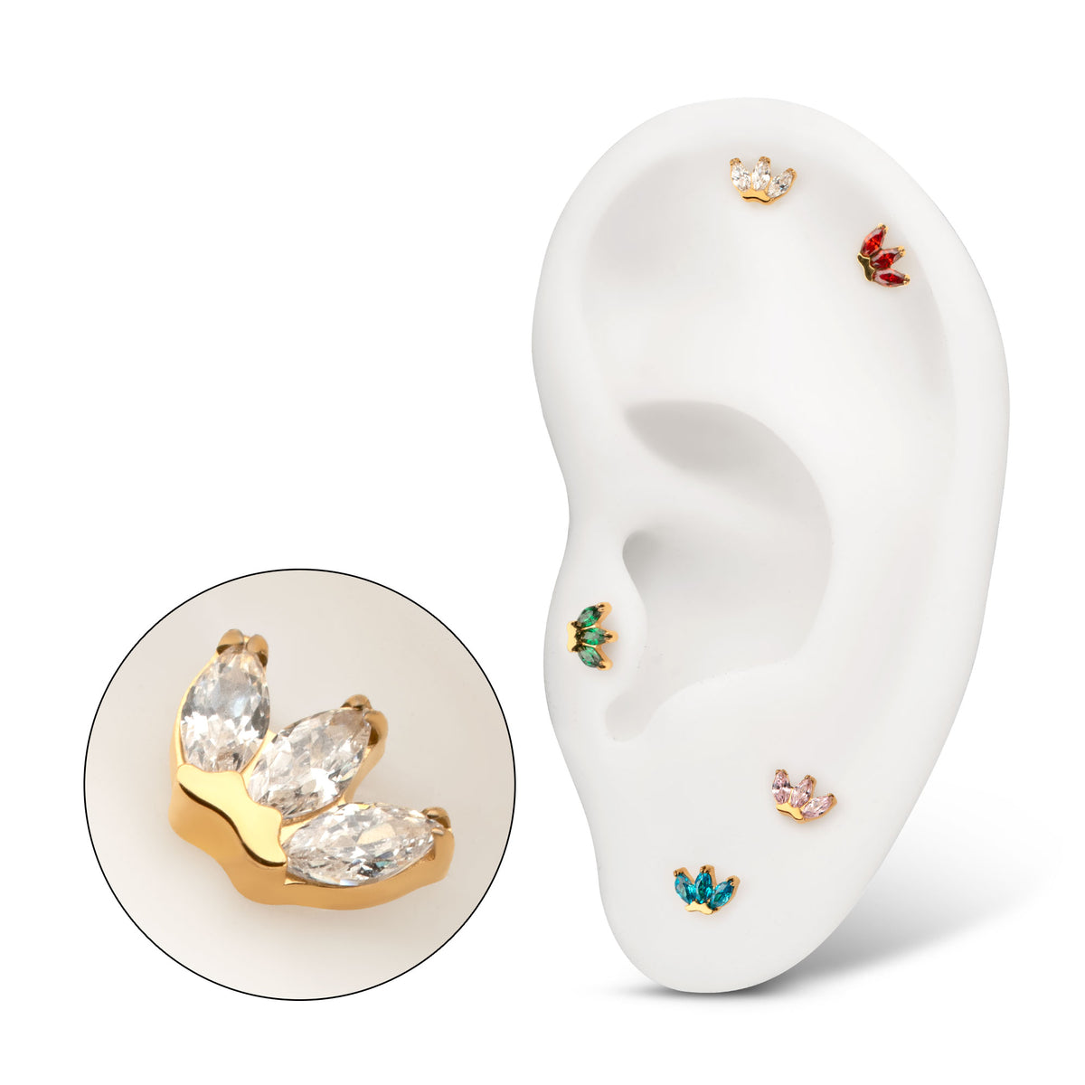 24Kt Gold PVD Titanium Threadless Prong Set 3-Marquise Gem Fan Cluster Top
