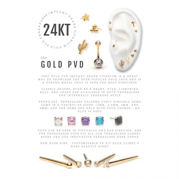 24Kt Gold PVD Titanium Threadless Prong Set Kite Shaped CZ Top