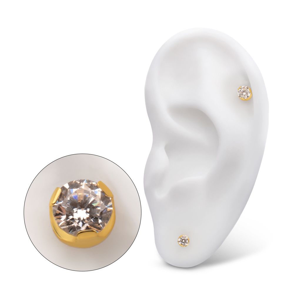 24Kt Gold PVD Titanium Threadless Semi-Bezel Set CZ Gem Top