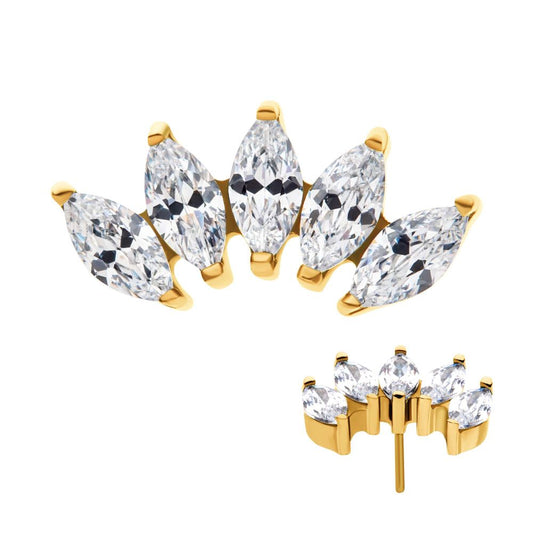 24Kt Gold PVD Titanium Threadless with Prong Set Marquise CZ 5-Cluster Top