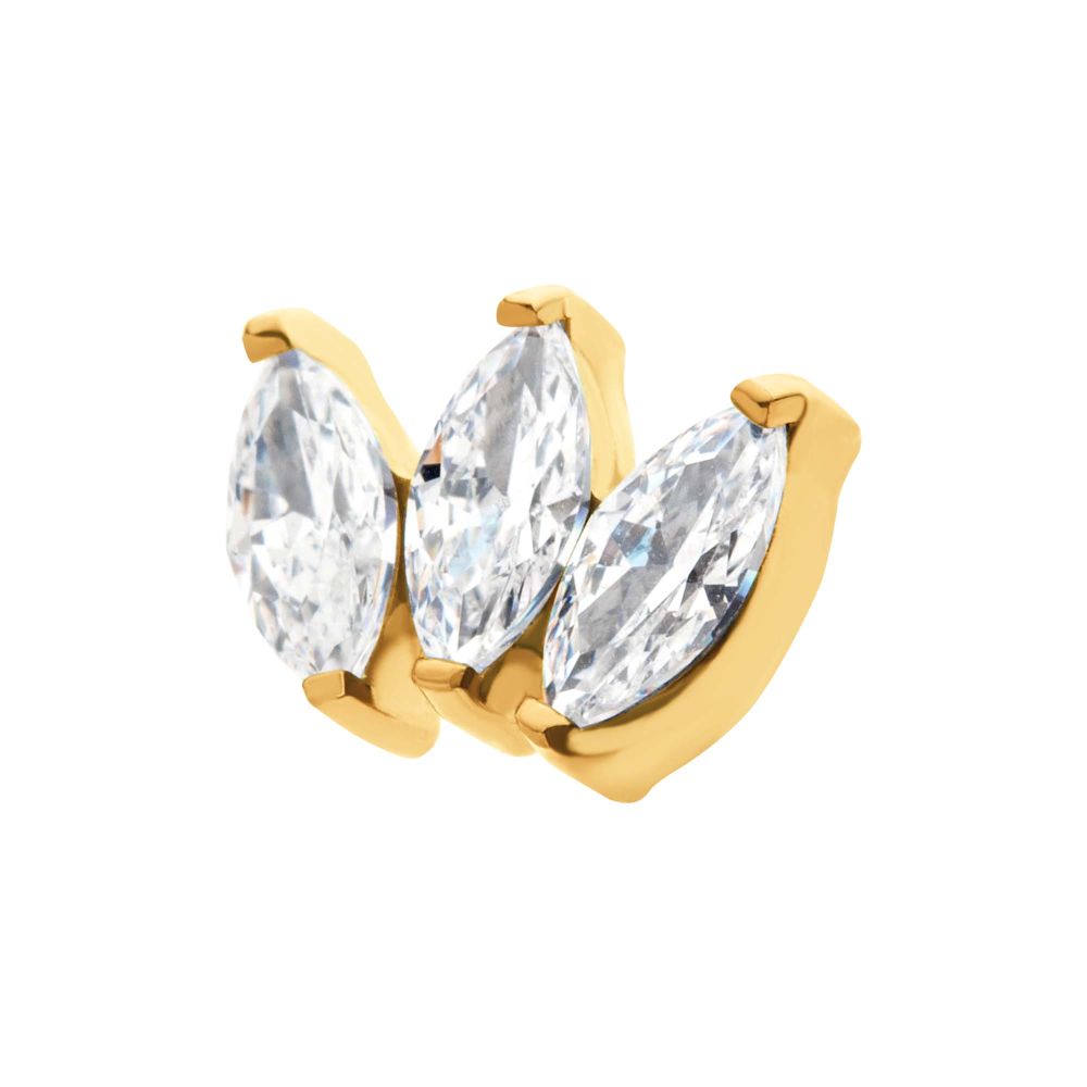 24Kt Gold PVD Titanium Threadless with Prong Set Marquise CZ 3-Cluster Top