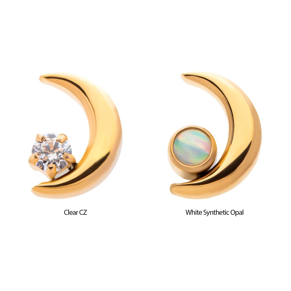 24Kt Gold PVD Titanium Threadless Crescent Moon with CZ/Opal Top