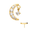 24Kt Gold PVD Titanium Threadless Crescent Moon CZ Top with Dangle Pronged Round CZ