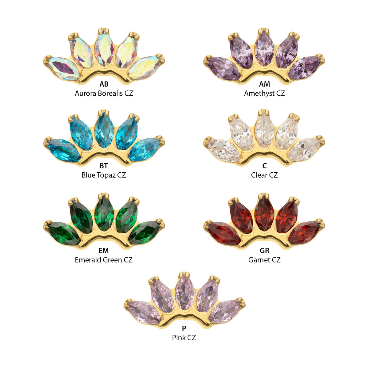 24Kt Gold PVD Titanium Threadless Prong Set 5- Marquise Gem Fan Cluster Top