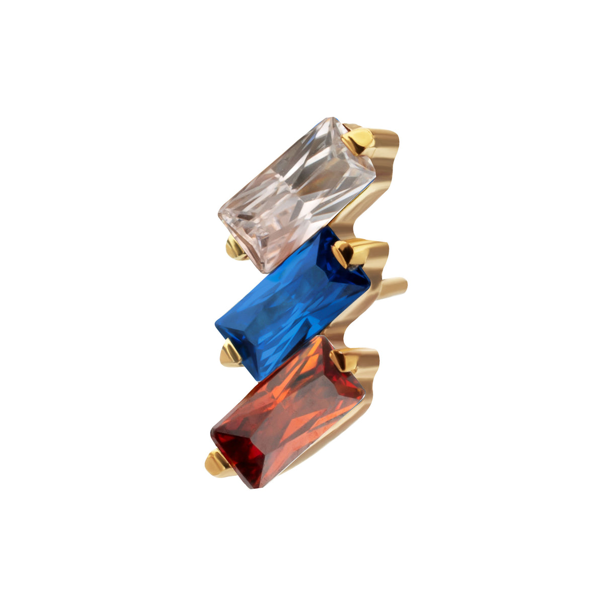 24Kt Gold PVD Titanium Threadless Prong Set Baguette CZ Diagonal 3-Cluster Top