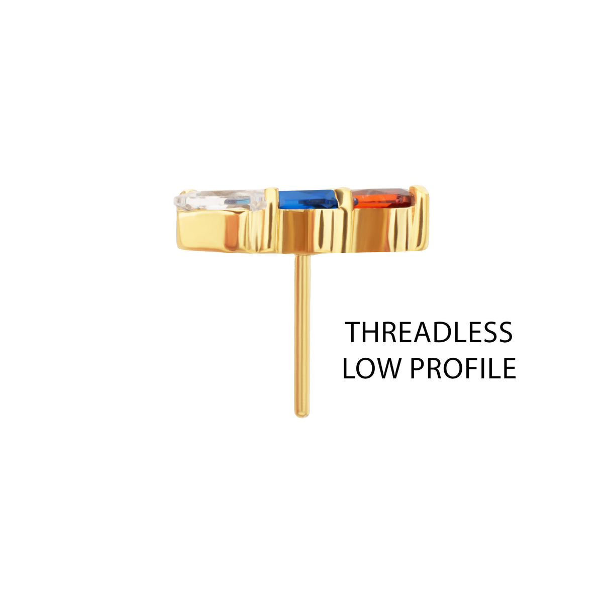 24Kt Gold PVD Titanium Threadless Prong Set Baguette CZ Diagonal 3-Cluster Top