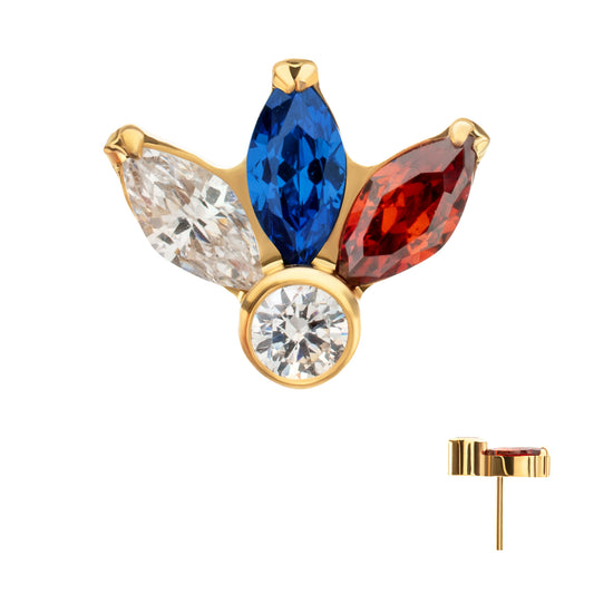 24Kt Gold PVD Titanium Threadless 3-Cluster Marquise Gem Fan Top with Bezel Round Gem