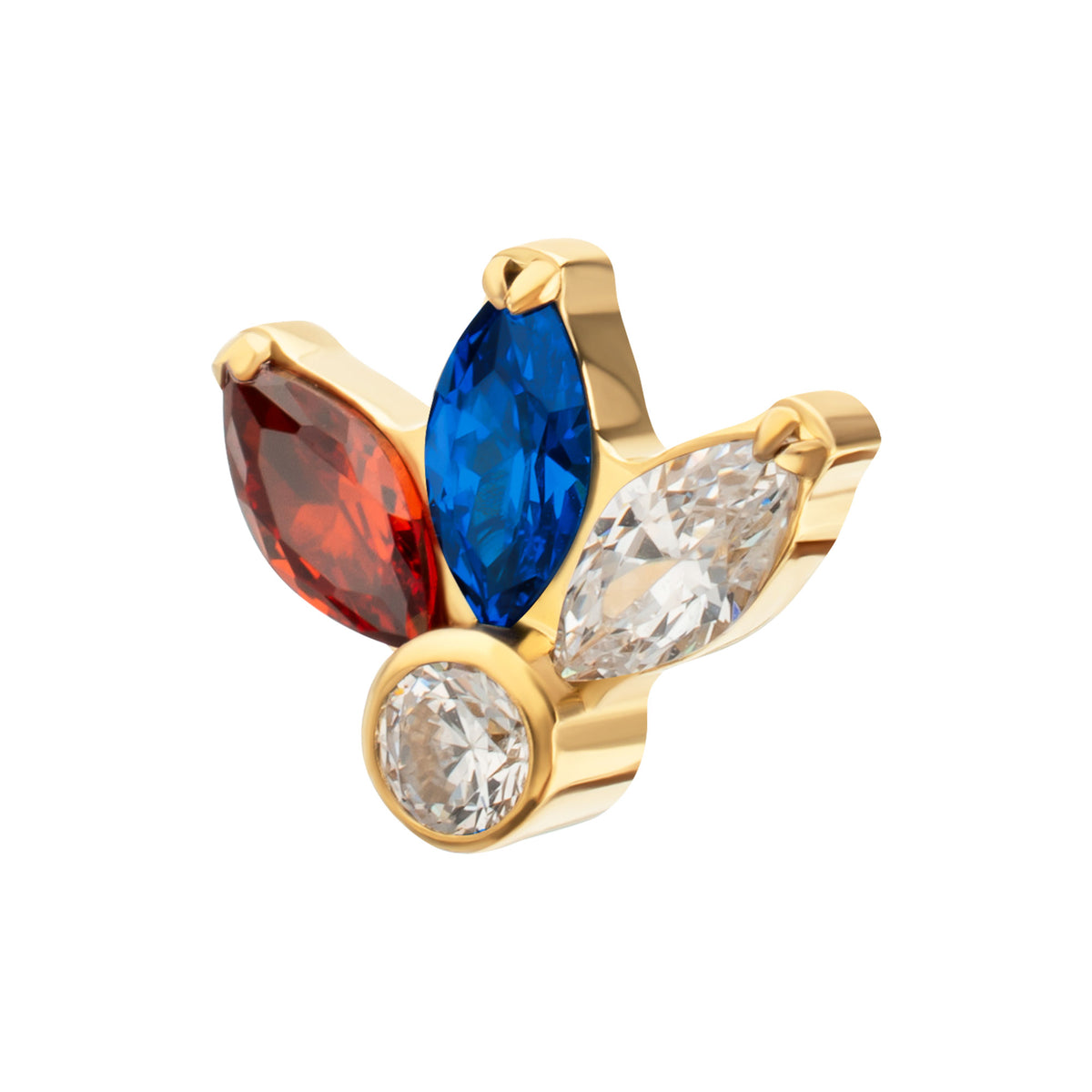 24Kt Gold PVD Titanium Threadless 3-Cluster Marquise Gem Fan Top with Bezel Round Gem