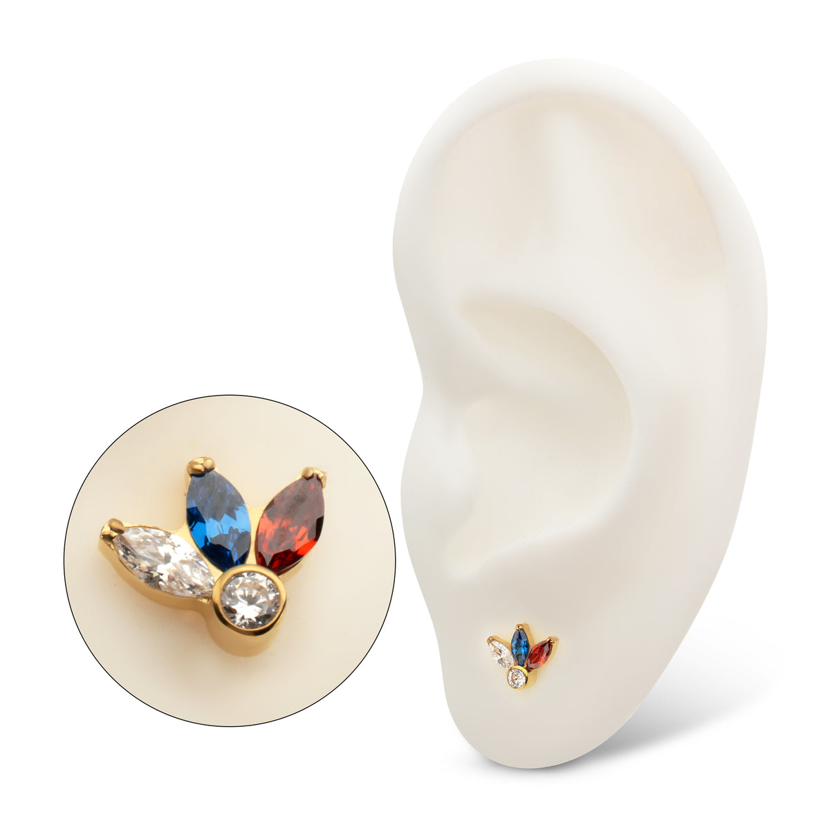 24Kt Gold PVD Titanium Threadless 3-Cluster Marquise Gem Fan Top with Bezel Round Gem