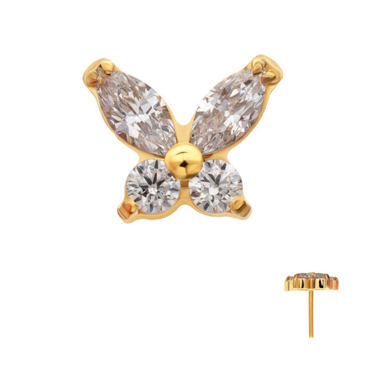 24Kt Gold PVD Titanium Threadless Small Butterfly with V-Prong Round & Marquise CZ Gem Top
