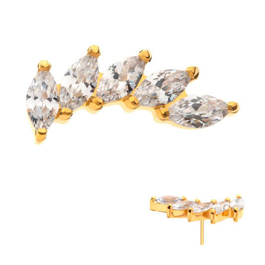 24Kt Gold PVD Titanium Threadless 5 Marquise Staggered Cluster Prong Gem Top