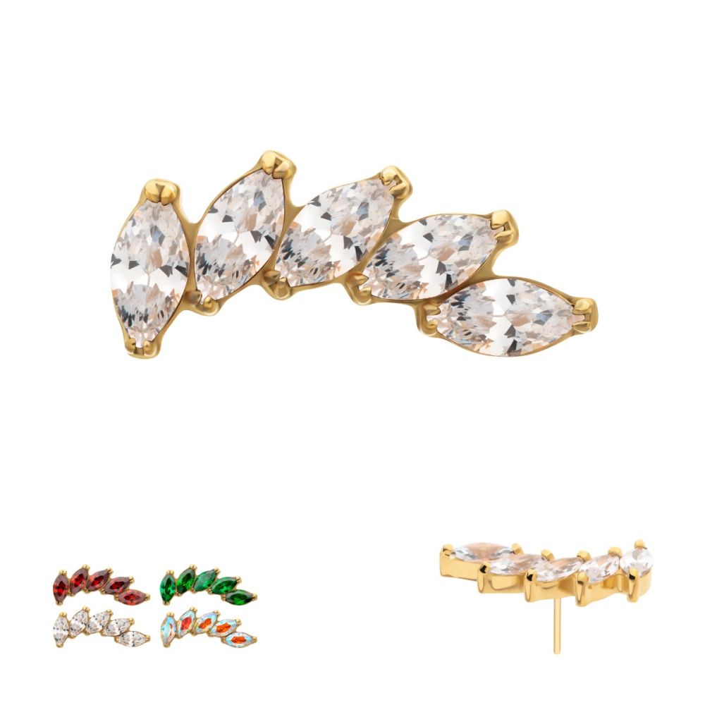 24Kt Gold PVD Titanium Threadless 5 Marquise Staggered Cluster Prong Gem Top