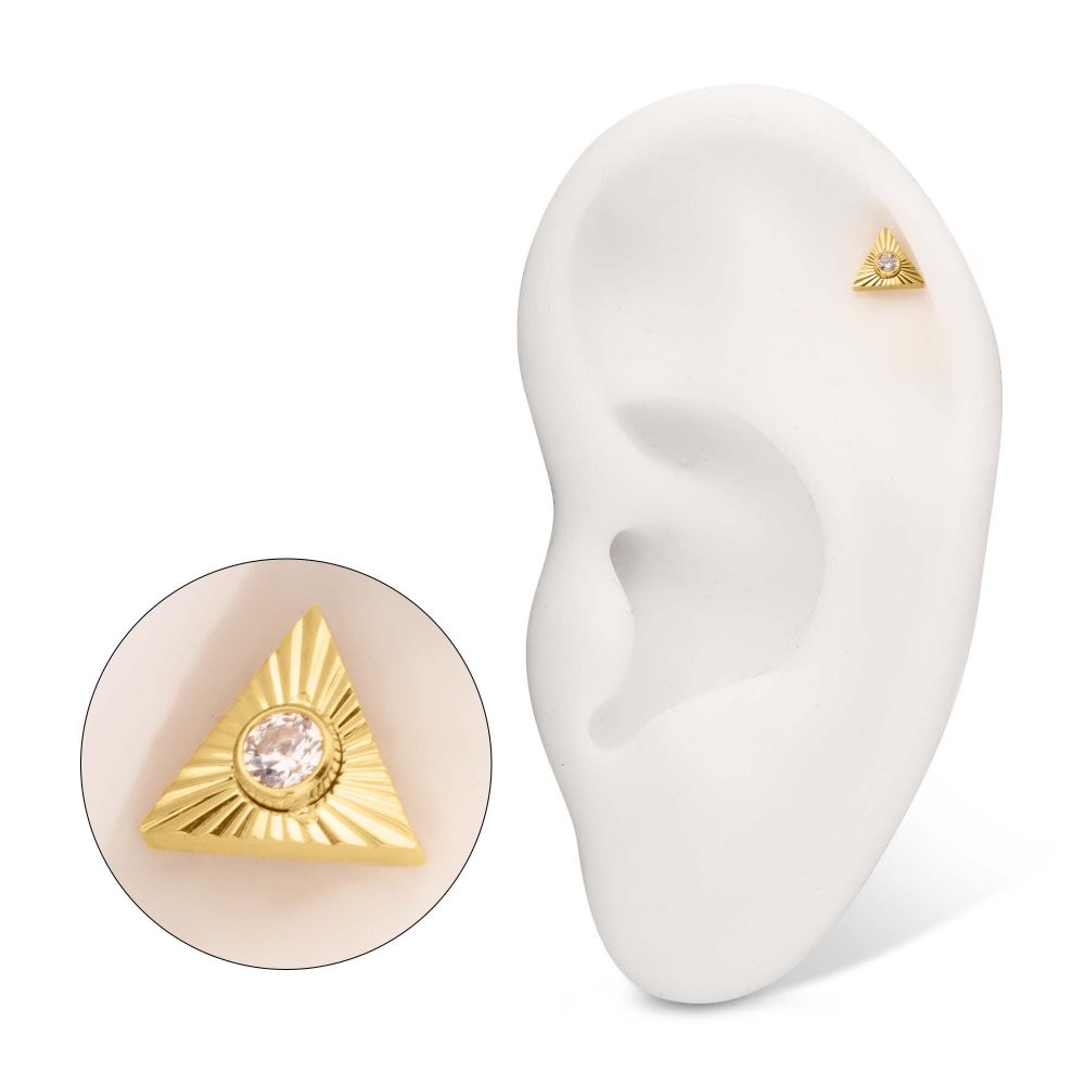 24Kt Gold PVD Titanium Threadless Corrugated Triangle Top with Bezel Gem