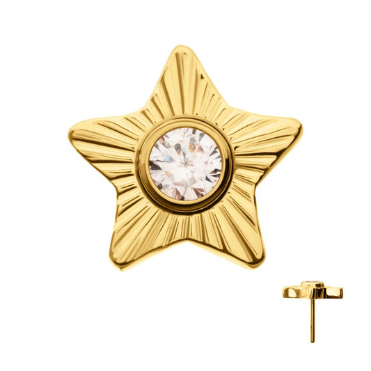 24Kt Gold PVD Titanium Threadless Corrugated Star with Bezel Gem Top