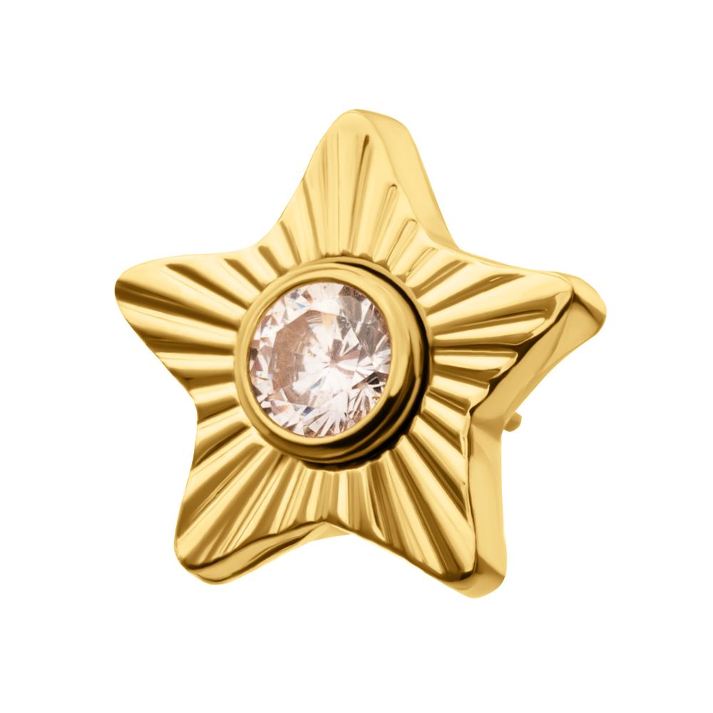 24Kt Gold PVD Titanium Threadless Corrugated Star with Bezel Gem Top