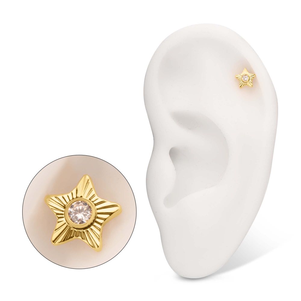 24Kt Gold PVD Titanium Threadless Corrugated Star with Bezel Gem Top