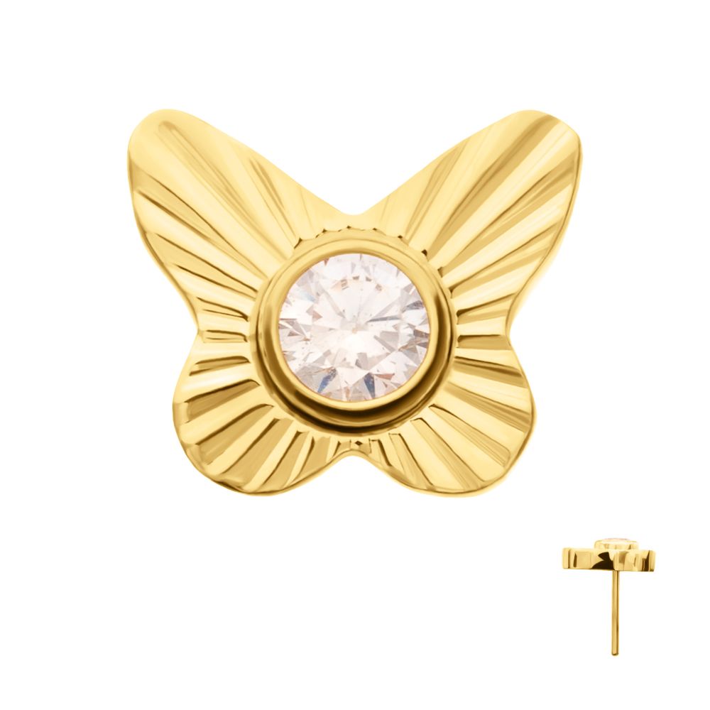 24Kt Gold PVD Titanium Threadless Corrugated Butterfly with Bezel Gem Top