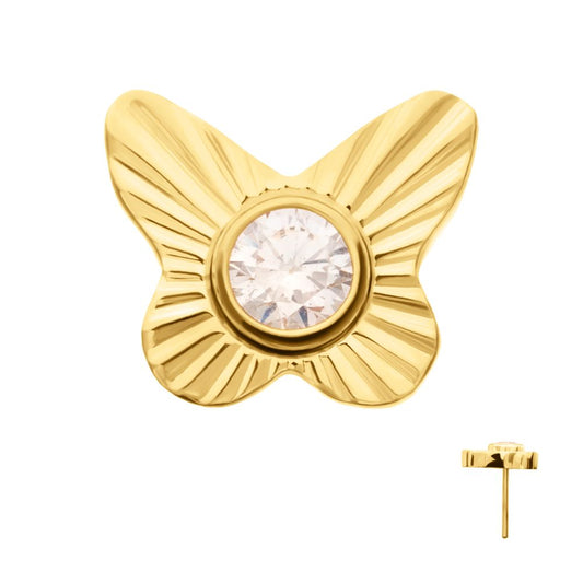 24Kt Gold PVD Titanium Threadless Corrugated Butterfly with Bezel Gem Top