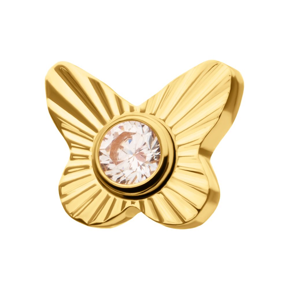24Kt Gold PVD Titanium Threadless Corrugated Butterfly with Bezel Gem Top