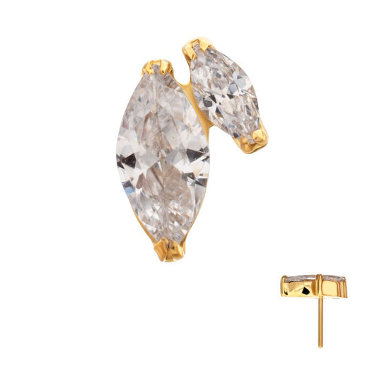 24Kt Gold PVD Titanium Threadless V-Prong Dual Marquise CZ Gem Top