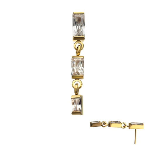 24Kt Gold PVD Titanium Threadless Triple Baguette Gem Dangle Top