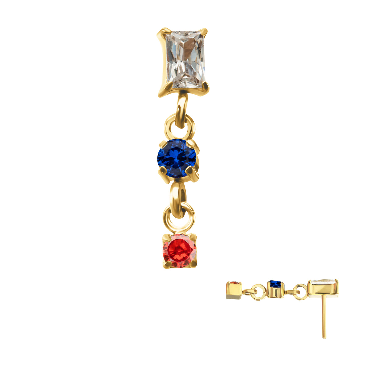24Kt Gold PVD Titanium Threadless Prong Set Gem Baguette Top with Double Gem Dangle
