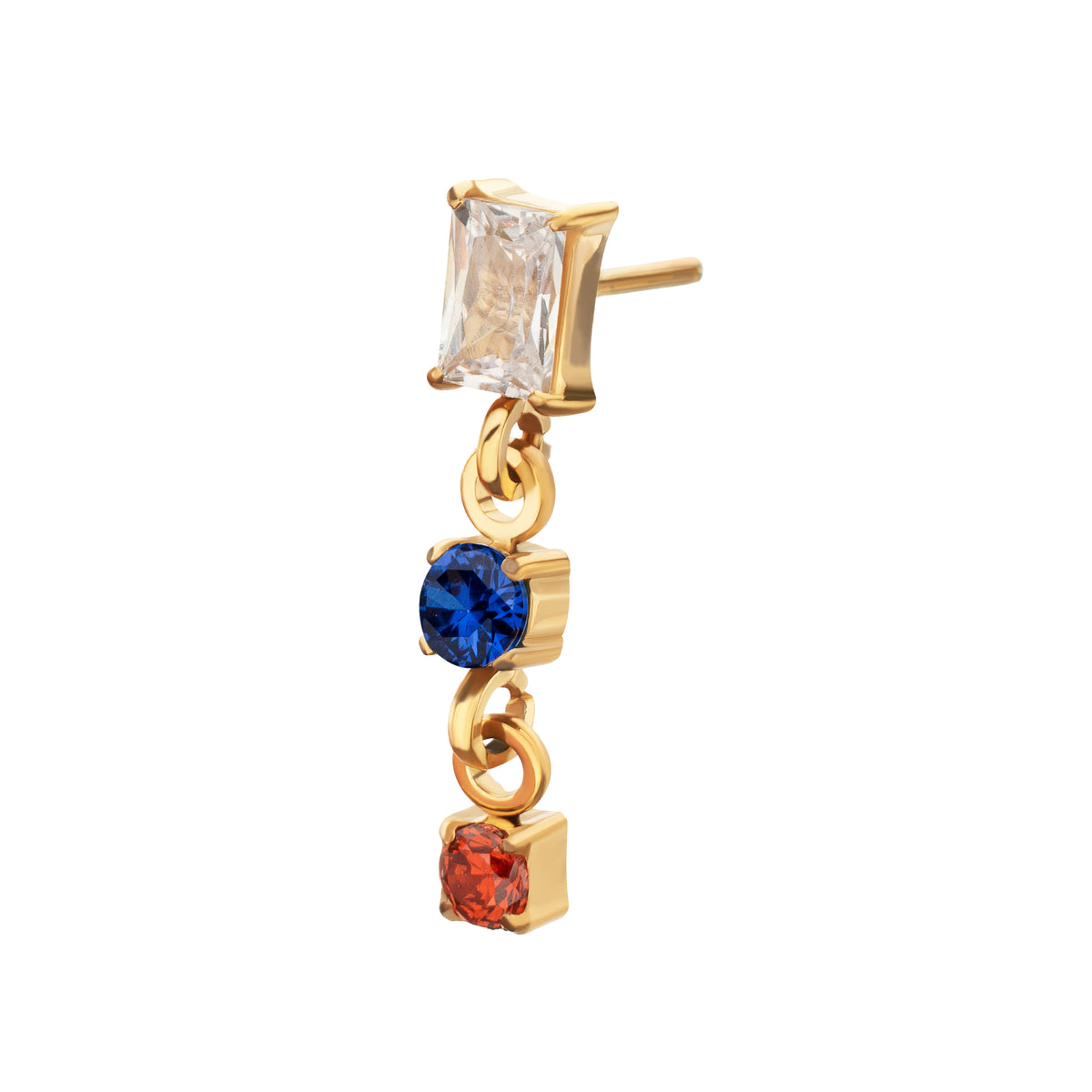 24Kt Gold PVD Titanium Threadless Prong Set Gem Baguette Top with Double Gem Dangle