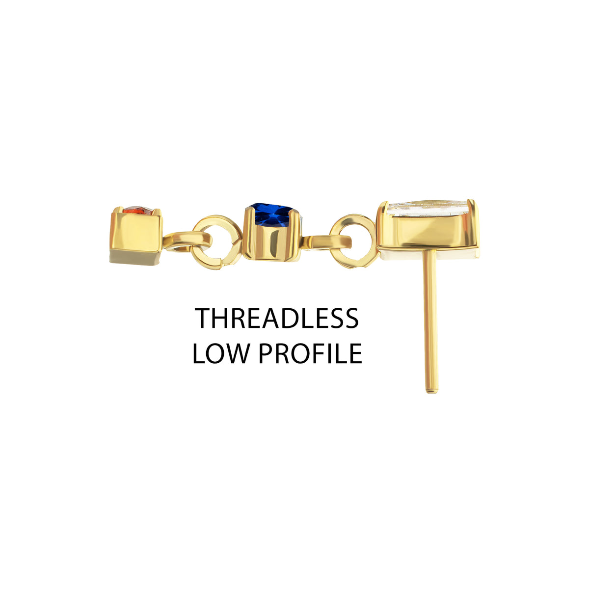 24Kt Gold PVD Titanium Threadless Prong Set Gem Baguette Top with Double Gem Dangle