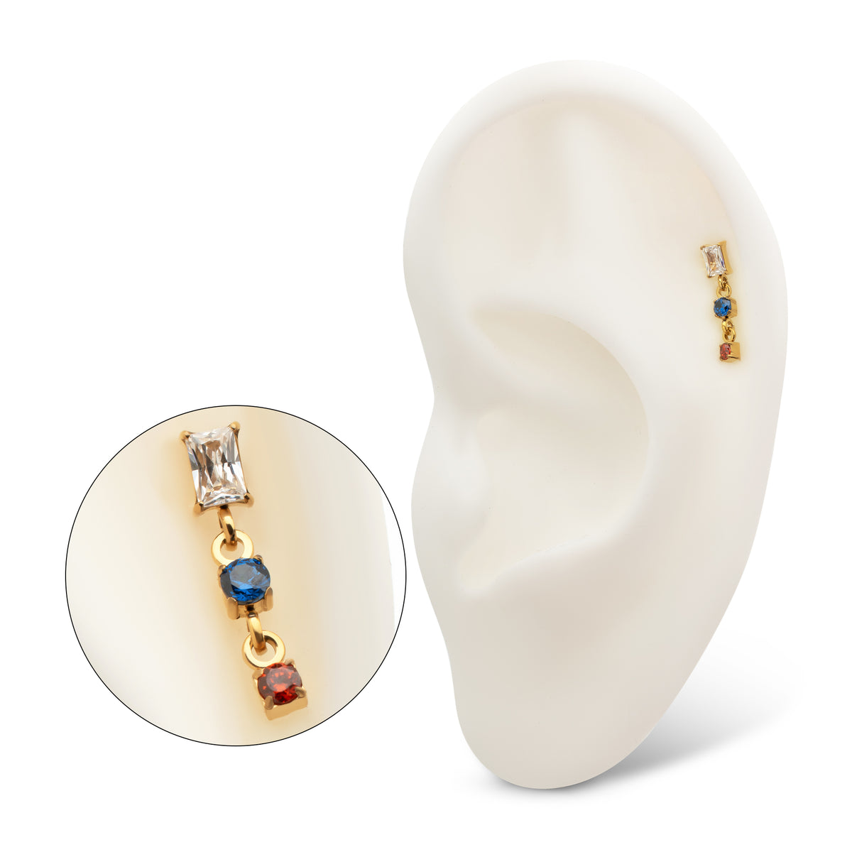 24Kt Gold PVD Titanium Threadless Prong Set Gem Baguette Top with Double Gem Dangle