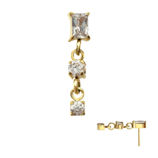 24Kt Gold PVD Titanium Threadless Prong Set Gem Baguette Top with Double Round Gem Dangle