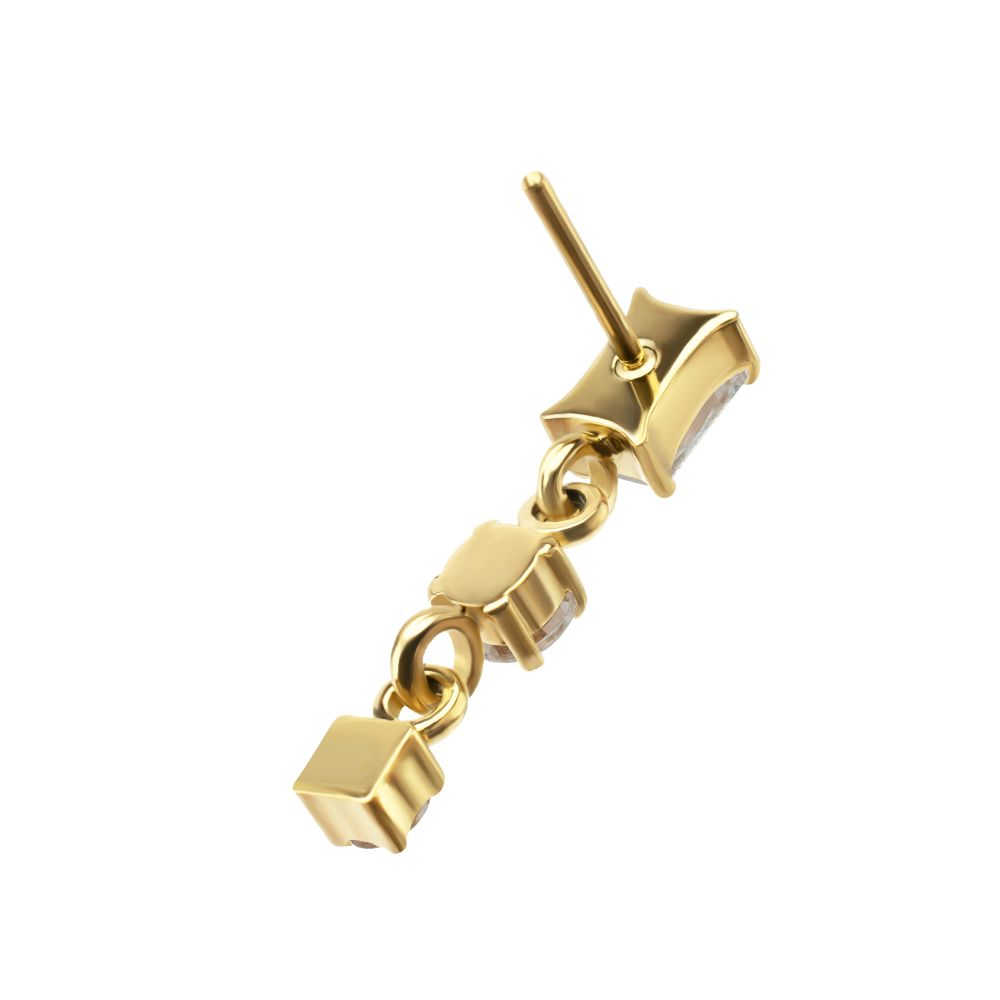 24Kt Gold PVD Titanium Threadless Prong Set Gem Baguette Top with Double Round Gem Dangle