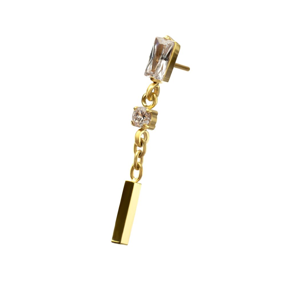 24Kt Gold PVD Titanium Threadless Prong Set Gem Baguette Top with Round Gem & Bar Dangle