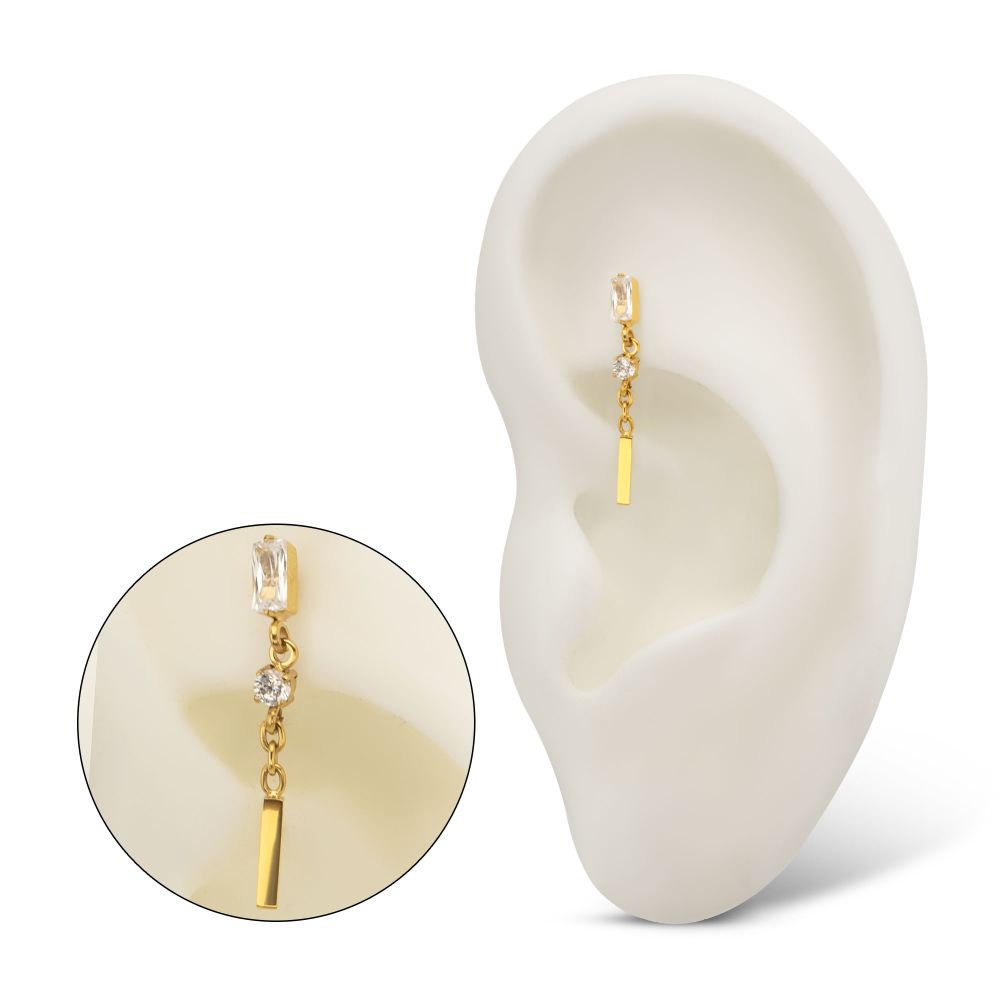 24Kt Gold PVD Titanium Threadless Prong Set Gem Baguette Top with Round Gem & Bar Dangle