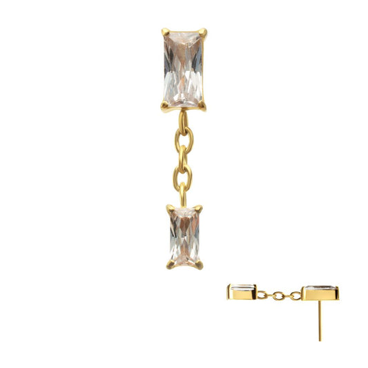 24Kt Gold PVD Titanium Threadless Double Baguette Prong Set Gem Dangle Top