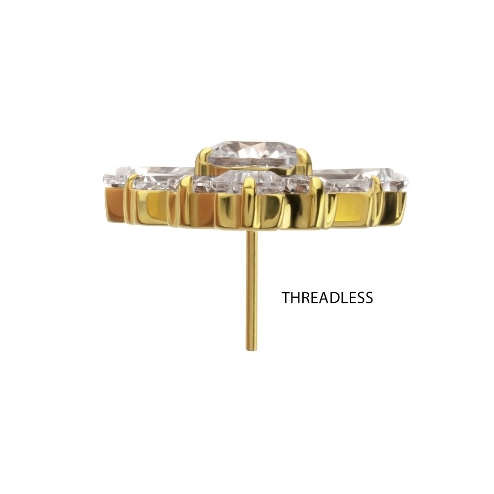24Kt Gold PVD Titanium Threadless Round & Baguette Cluster Gem Radiant Beam Top