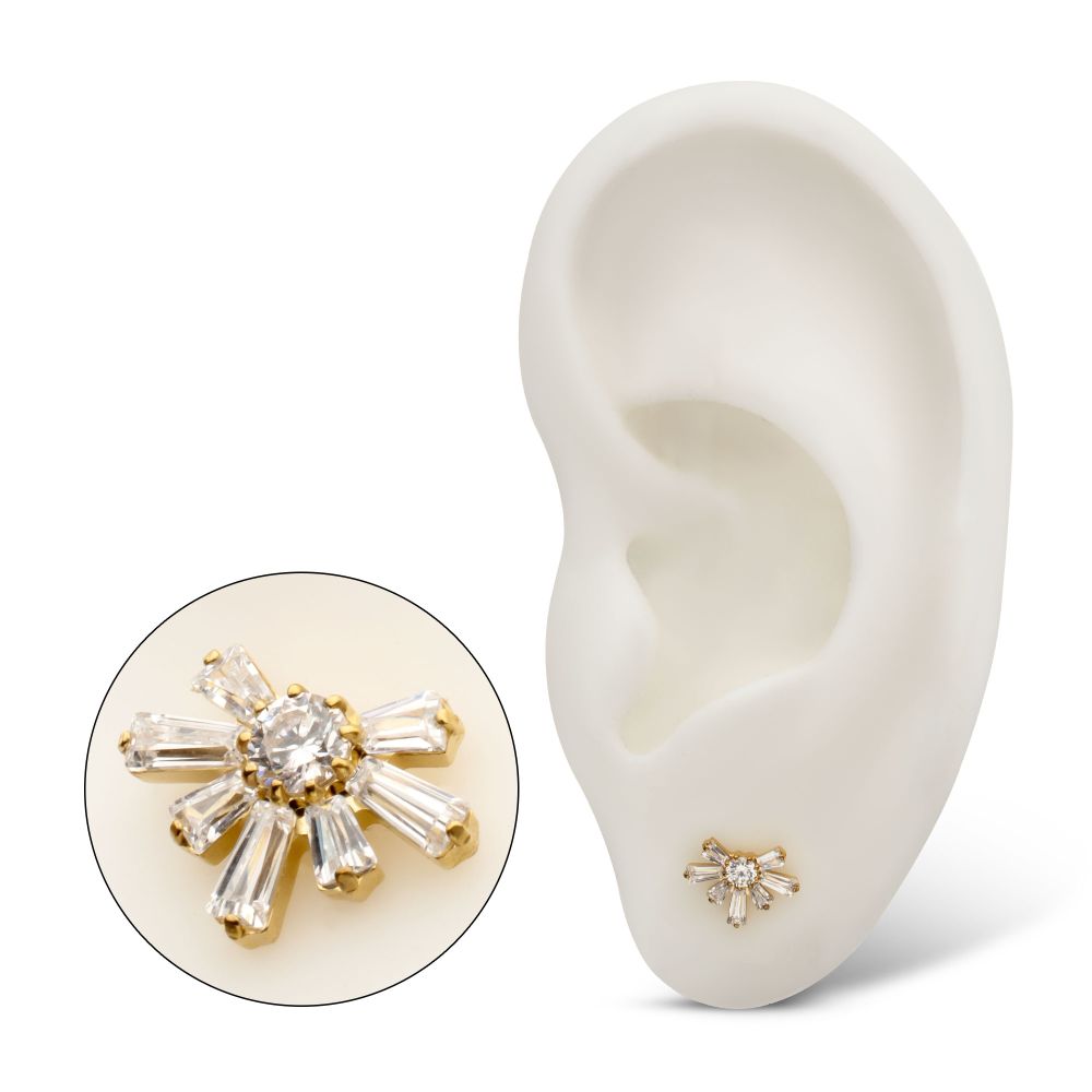 24Kt Gold PVD Titanium Threadless Round & Baguette Cluster Gem Sunray Top