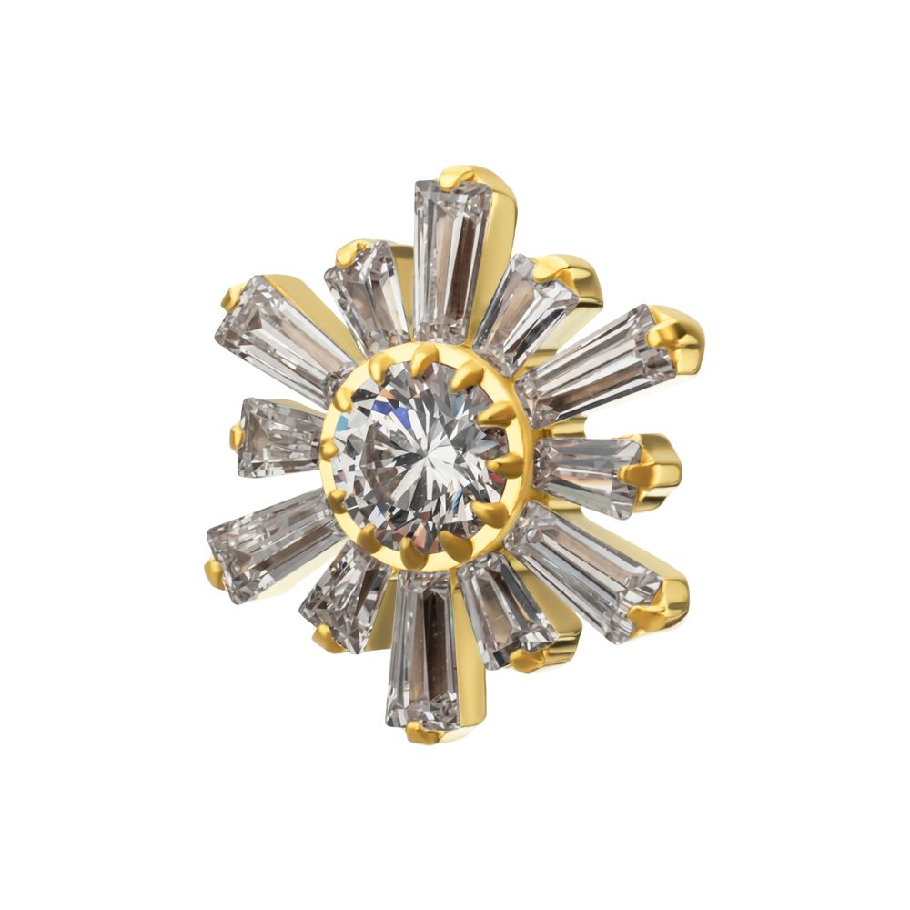 24Kt Gold PVD Titanium Threadless Round & Baguette Cluster Gem Sunburst Top