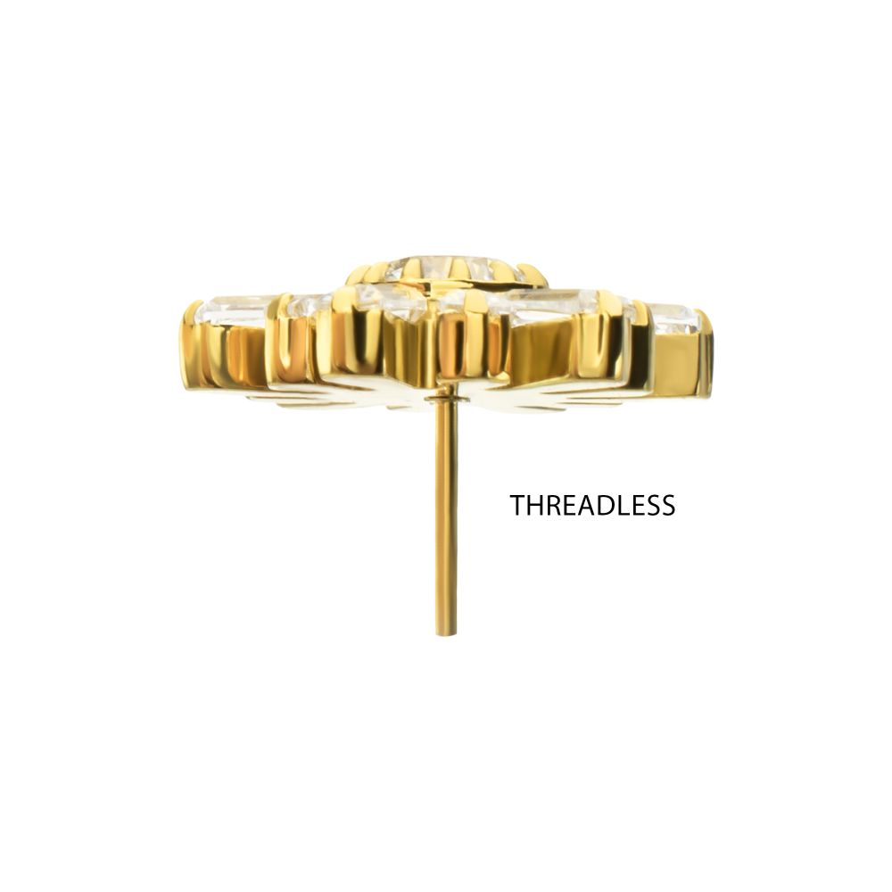 24Kt Gold PVD Titanium Threadless Round & Baguette Cluster Gem Sunburst Top